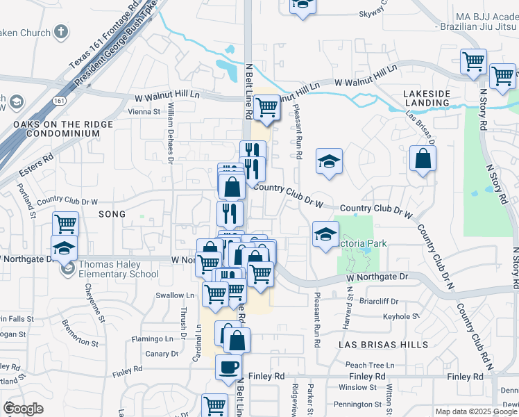 map of restaurants, bars, coffee shops, grocery stores, and more near 3804 North Belt Line Road in Irving