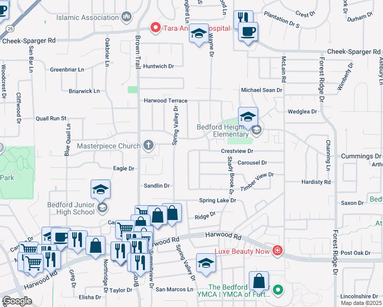 map of restaurants, bars, coffee shops, grocery stores, and more near 3313 Timber Grove Drive in Bedford
