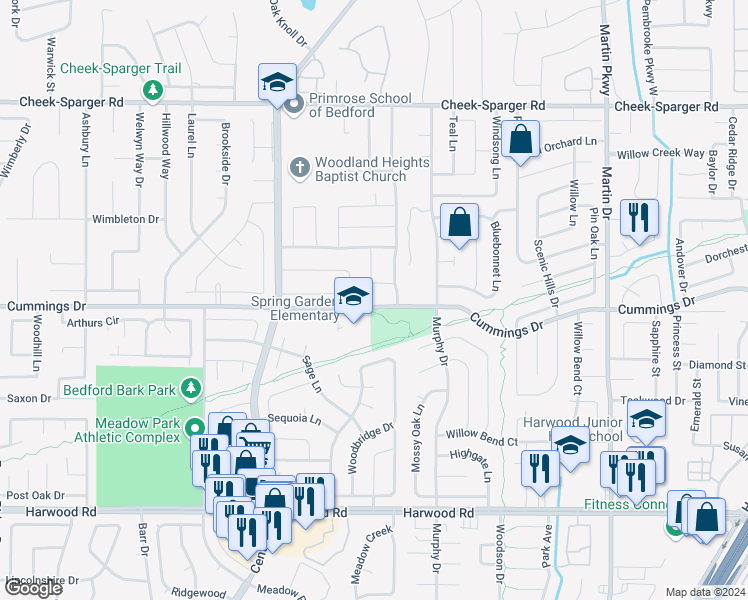 map of restaurants, bars, coffee shops, grocery stores, and more near 2613 Cummings Drive in Bedford