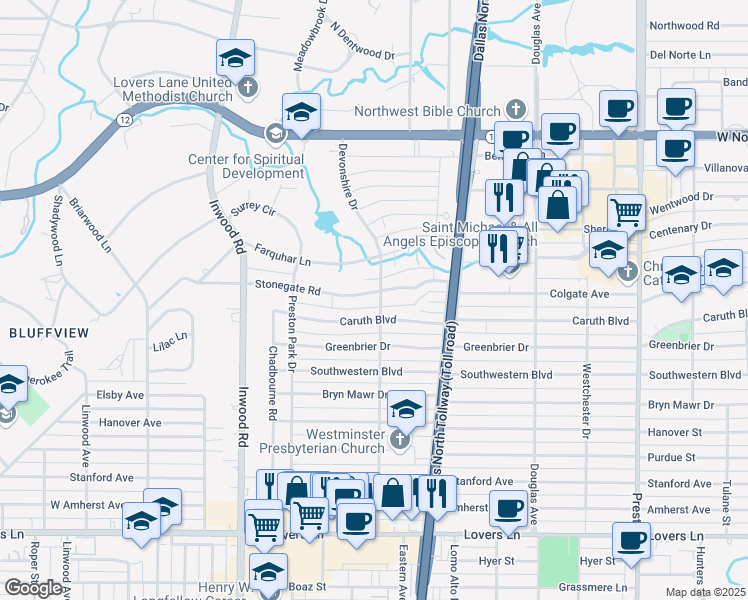 map of restaurants, bars, coffee shops, grocery stores, and more near 5638 Stonegate Road in Dallas