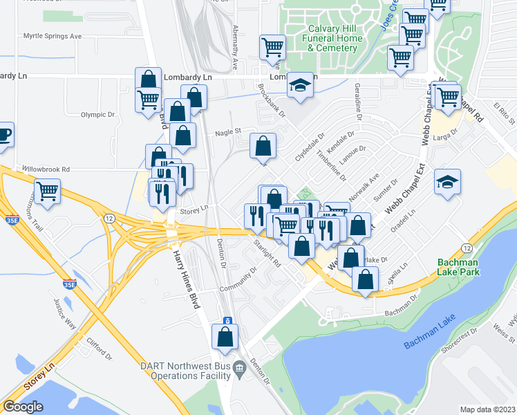 map of restaurants, bars, coffee shops, grocery stores, and more near 2814 Clydedale Drive in Dallas