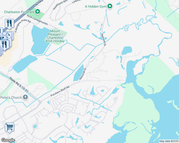 map of restaurants, bars, coffee shops, grocery stores, and more near 1102 Hopeman Lane in Mount Pleasant