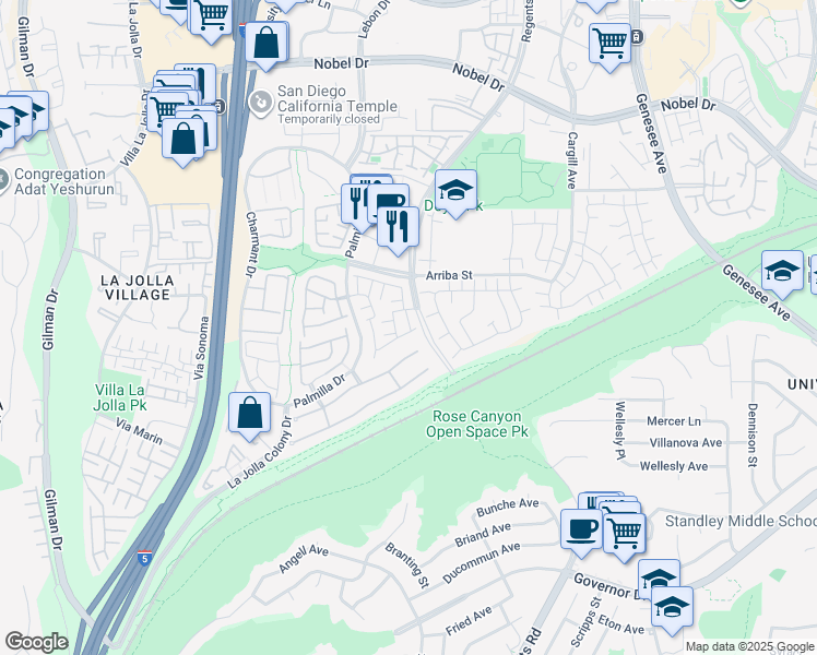 map of restaurants, bars, coffee shops, grocery stores, and more near 4225 Porte De Merano in San Diego