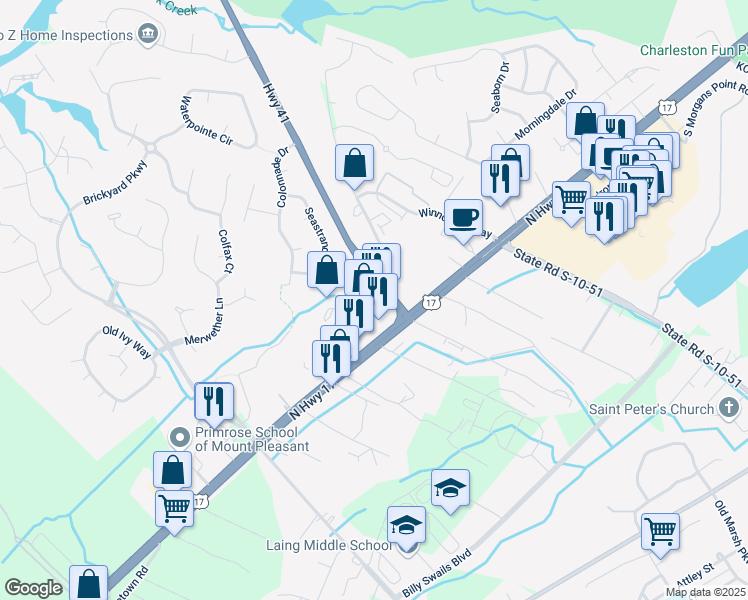 map of restaurants, bars, coffee shops, grocery stores, and more near 1031 South Carolina 41 in Mount Pleasant