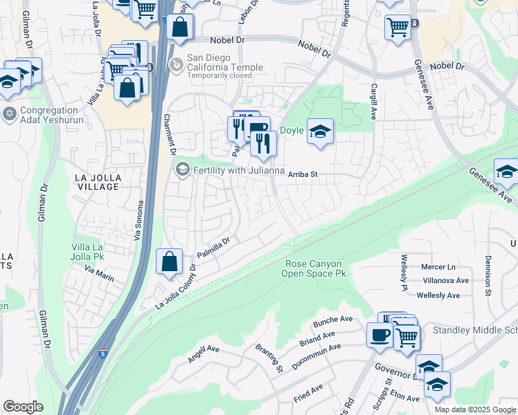 map of restaurants, bars, coffee shops, grocery stores, and more near 4145 Porte De Merano in San Diego