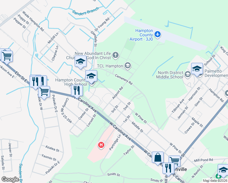 map of restaurants, bars, coffee shops, grocery stores, and more near 721 West Pine Street in Varnville