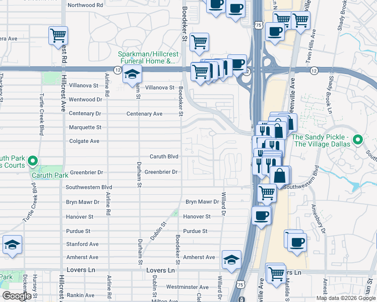 map of restaurants, bars, coffee shops, grocery stores, and more near 17 Stonecourt Circle in Dallas