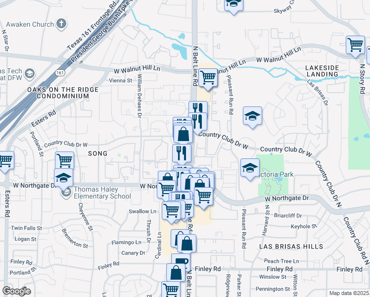 map of restaurants, bars, coffee shops, grocery stores, and more near 3801 North Belt Line Road in Irving