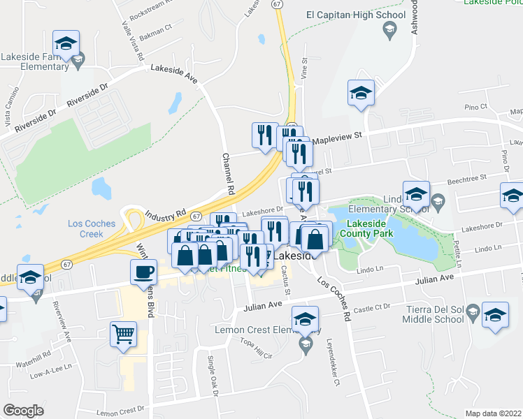map of restaurants, bars, coffee shops, grocery stores, and more near 12350 Lakeshore Drive in Lakeside