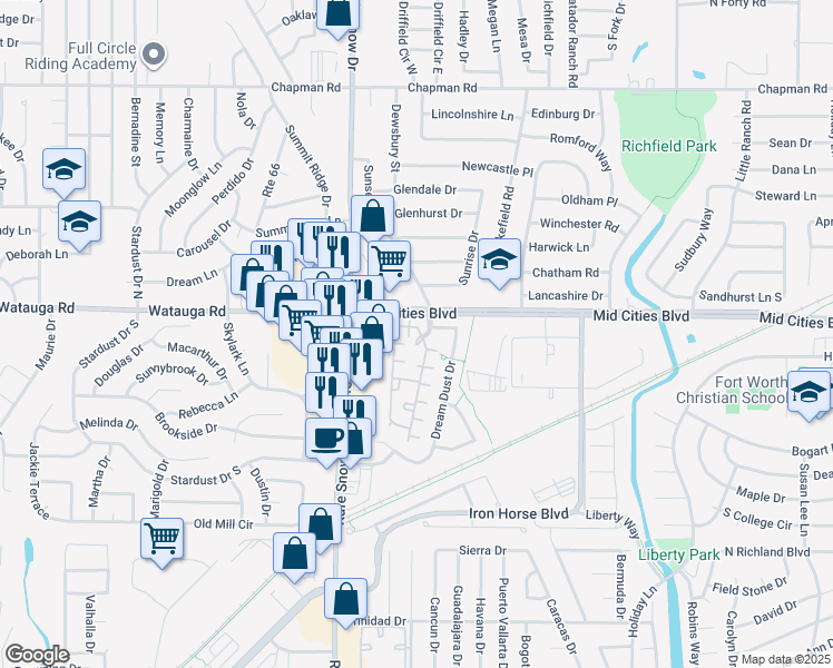 map of restaurants, bars, coffee shops, grocery stores, and more near 2 Sunset Road in North Richland Hills