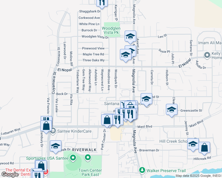 map of restaurants, bars, coffee shops, grocery stores, and more near 10017 Woodrose Avenue in Santee