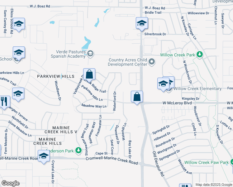 map of restaurants, bars, coffee shops, grocery stores, and more near 4709 Waterford Drive in Fort Worth