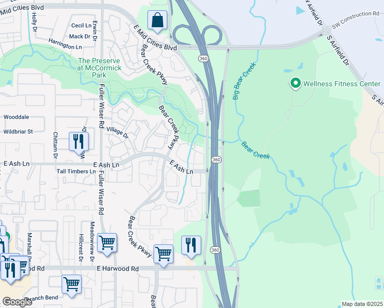 map of restaurants, bars, coffee shops, grocery stores, and more near 1621 Brook Grove Drive in Euless