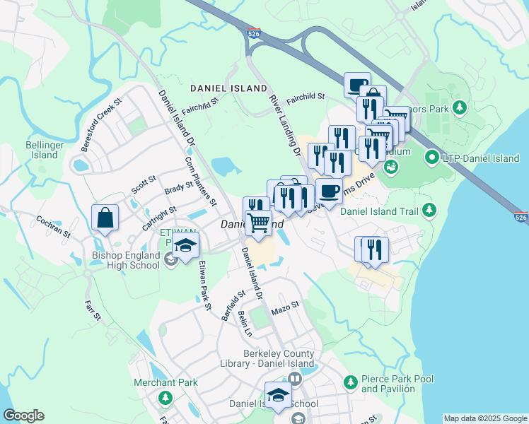 map of restaurants, bars, coffee shops, grocery stores, and more near 280 Seven Farms Drive in Charleston