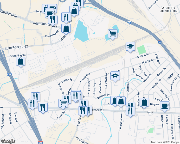 map of restaurants, bars, coffee shops, grocery stores, and more near 2651 Dellwood Avenue in North Charleston