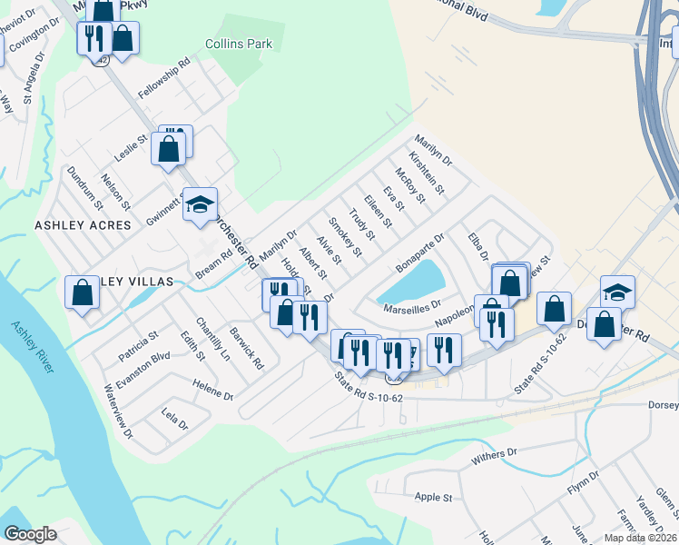 map of restaurants, bars, coffee shops, grocery stores, and more near 4211 Olivia Drive in North Charleston