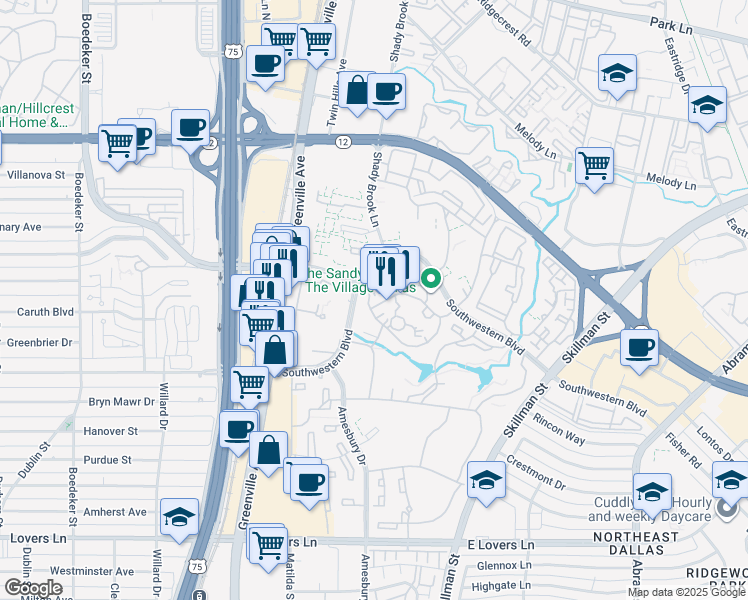 map of restaurants, bars, coffee shops, grocery stores, and more near 5630 Village Glen Drive in Dallas