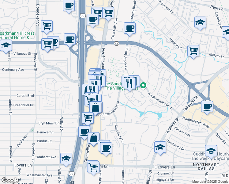 map of restaurants, bars, coffee shops, grocery stores, and more near 8241 Southwestern Boulevard in Dallas