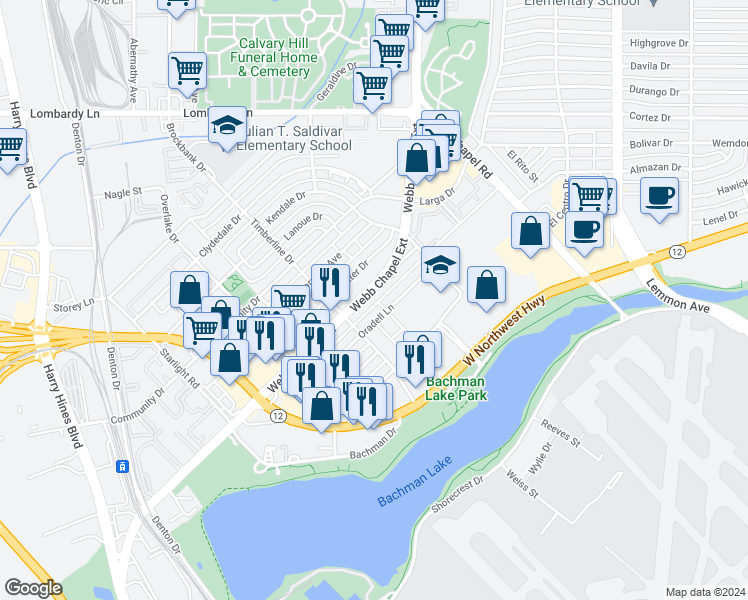 map of restaurants, bars, coffee shops, grocery stores, and more near 3121 Oradell Lane in Dallas