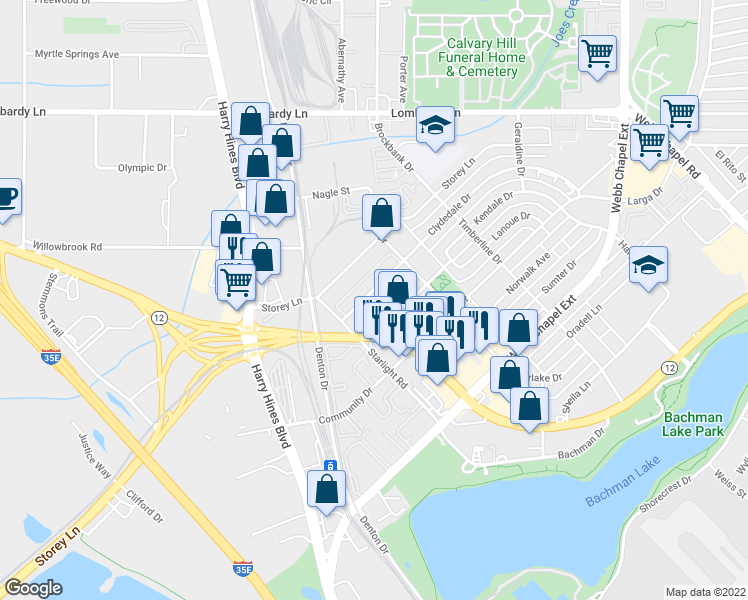 map of restaurants, bars, coffee shops, grocery stores, and more near 2814 Clydedale Drive in Dallas