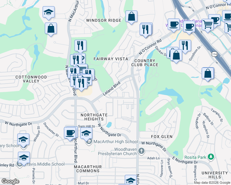 map of restaurants, bars, coffee shops, grocery stores, and more near 706 Mills Lane in Irving