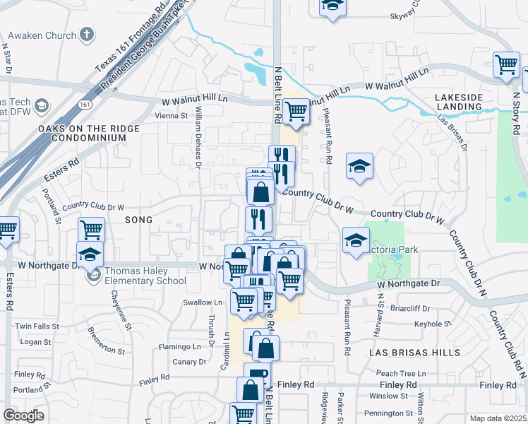 map of restaurants, bars, coffee shops, grocery stores, and more near 3809 North Belt Line Road in Irving