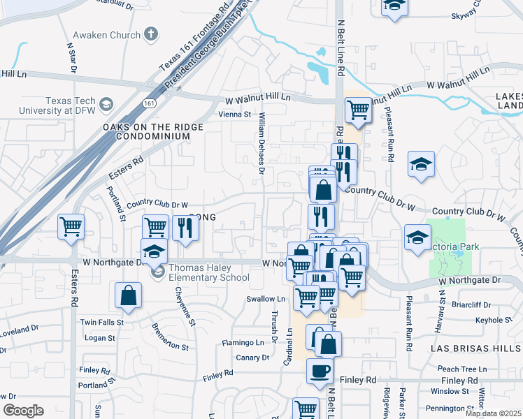 map of restaurants, bars, coffee shops, grocery stores, and more near 3741 William Dehaes Drive in Irving