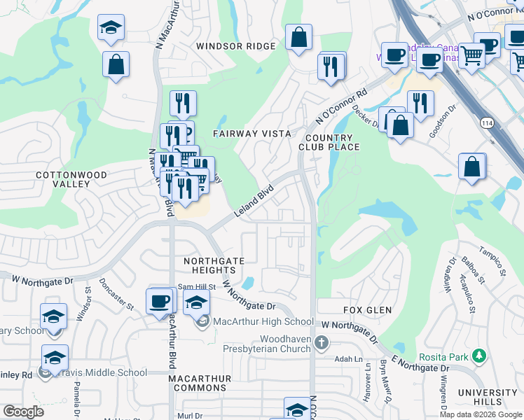 map of restaurants, bars, coffee shops, grocery stores, and more near 706 Mills Lane in Irving