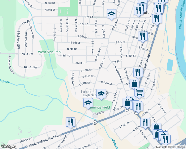 map of restaurants, bars, coffee shops, grocery stores, and more near 1102 South 8th Avenue in Lanett