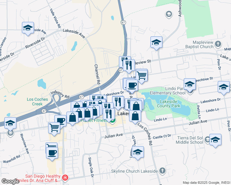 map of restaurants, bars, coffee shops, grocery stores, and more near 12370 Lakeshore Drive in Lakeside