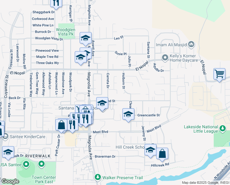 map of restaurants, bars, coffee shops, grocery stores, and more near 10651 Trigal Way in Santee