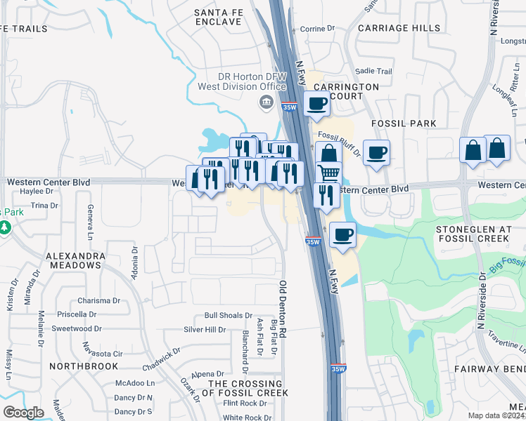 map of restaurants, bars, coffee shops, grocery stores, and more near 6413 Old Denton Road in Fort Worth