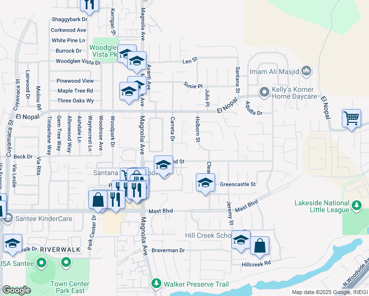 map of restaurants, bars, coffee shops, grocery stores, and more near 10651 Trigal Way in Santee
