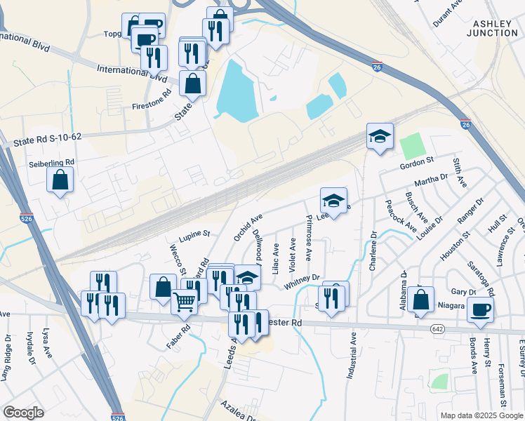 map of restaurants, bars, coffee shops, grocery stores, and more near 2651 Dellwood Avenue in North Charleston