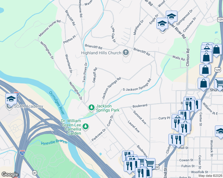 map of restaurants, bars, coffee shops, grocery stores, and more near 1140 South Jackson Springs Road in Macon