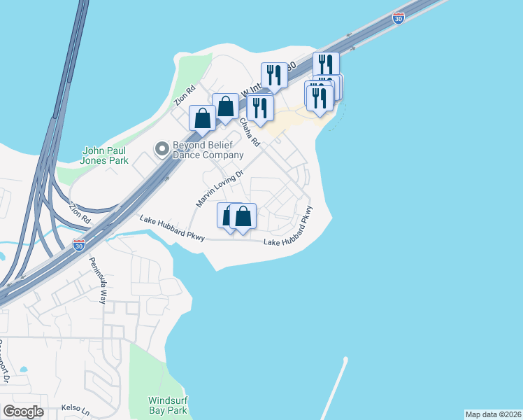 map of restaurants, bars, coffee shops, grocery stores, and more near 4565 Chaha Road in Garland
