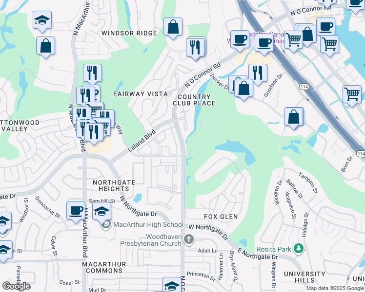 map of restaurants, bars, coffee shops, grocery stores, and more near 4509 North O'Connor Road in Irving