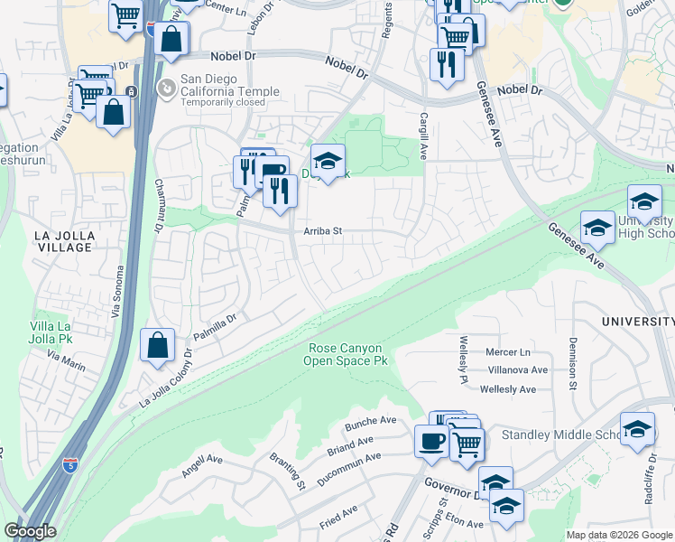 map of restaurants, bars, coffee shops, grocery stores, and more near 7741 Camino Noguera in San Diego
