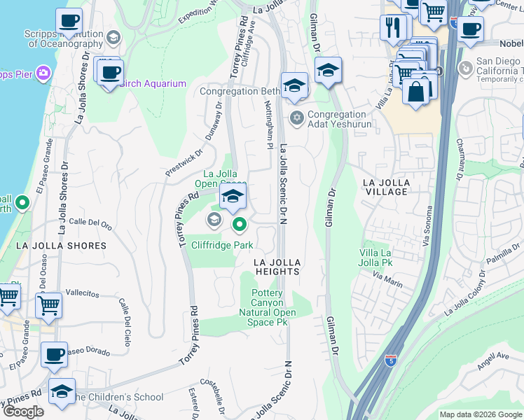 map of restaurants, bars, coffee shops, grocery stores, and more near 8390 Cliffridge Lane in San Diego