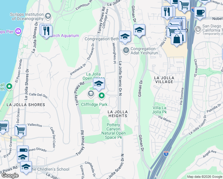 map of restaurants, bars, coffee shops, grocery stores, and more near 8390 Cliffridge Lane in San Diego