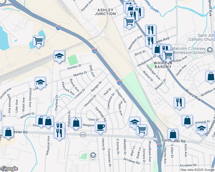 map of restaurants, bars, coffee shops, grocery stores, and more near 2607 Oregon Avenue in North Charleston