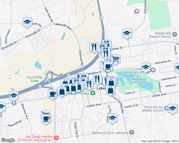 map of restaurants, bars, coffee shops, grocery stores, and more near 10046 River Street in Lakeside
