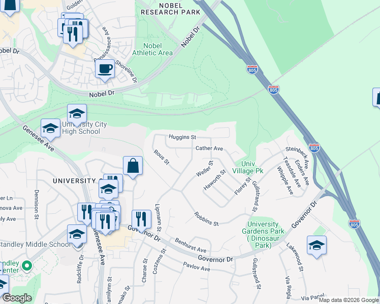 map of restaurants, bars, coffee shops, grocery stores, and more near 4471 Huggins Street in San Diego