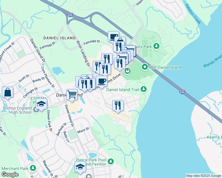 map of restaurants, bars, coffee shops, grocery stores, and more near 211 Seven Farms Drive in Charleston