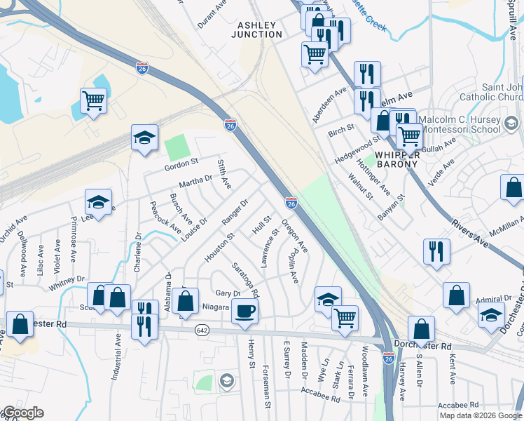 map of restaurants, bars, coffee shops, grocery stores, and more near 2607 Oregon Avenue in North Charleston