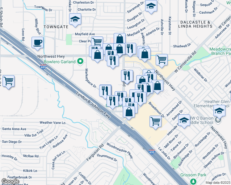 map of restaurants, bars, coffee shops, grocery stores, and more near 4771 Saturn Rd in Garland