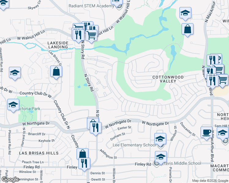 map of restaurants, bars, coffee shops, grocery stores, and more near 1921 South Cottonwood Valley Circle in Irving