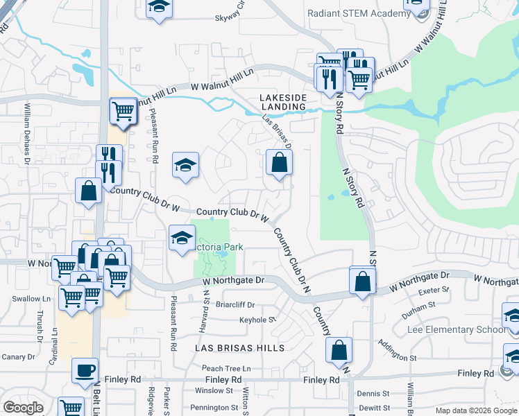 map of restaurants, bars, coffee shops, grocery stores, and more near 2602 Encina Drive in Irving