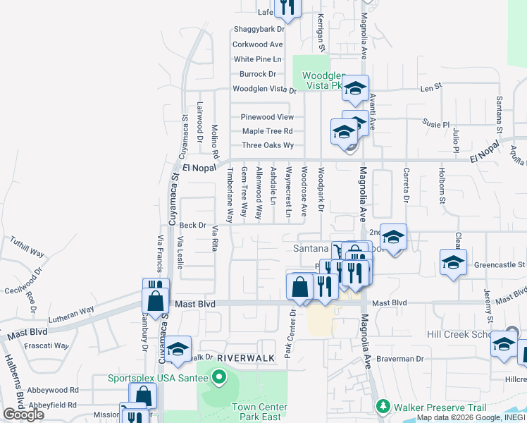 map of restaurants, bars, coffee shops, grocery stores, and more near 10021 Allenwood Way in Santee