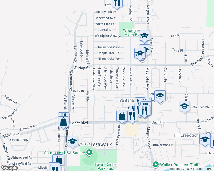 map of restaurants, bars, coffee shops, grocery stores, and more near 10021 Allenwood Way in Santee